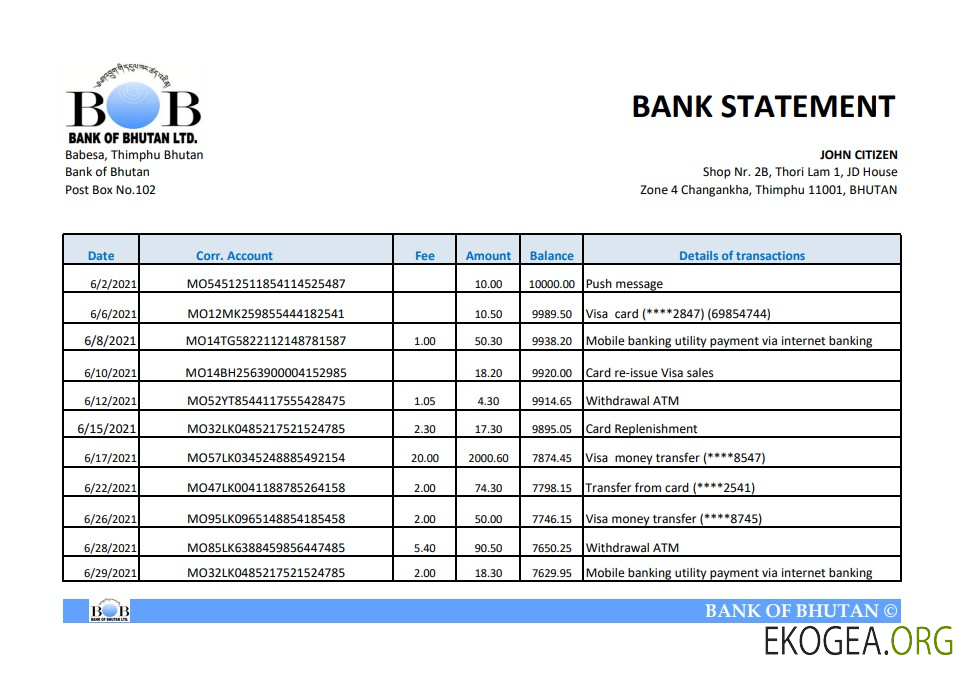 Relevé bancaire de la Bhoutan Bank of Bhoutan, modèle facile à remplir au format Excel et PDF